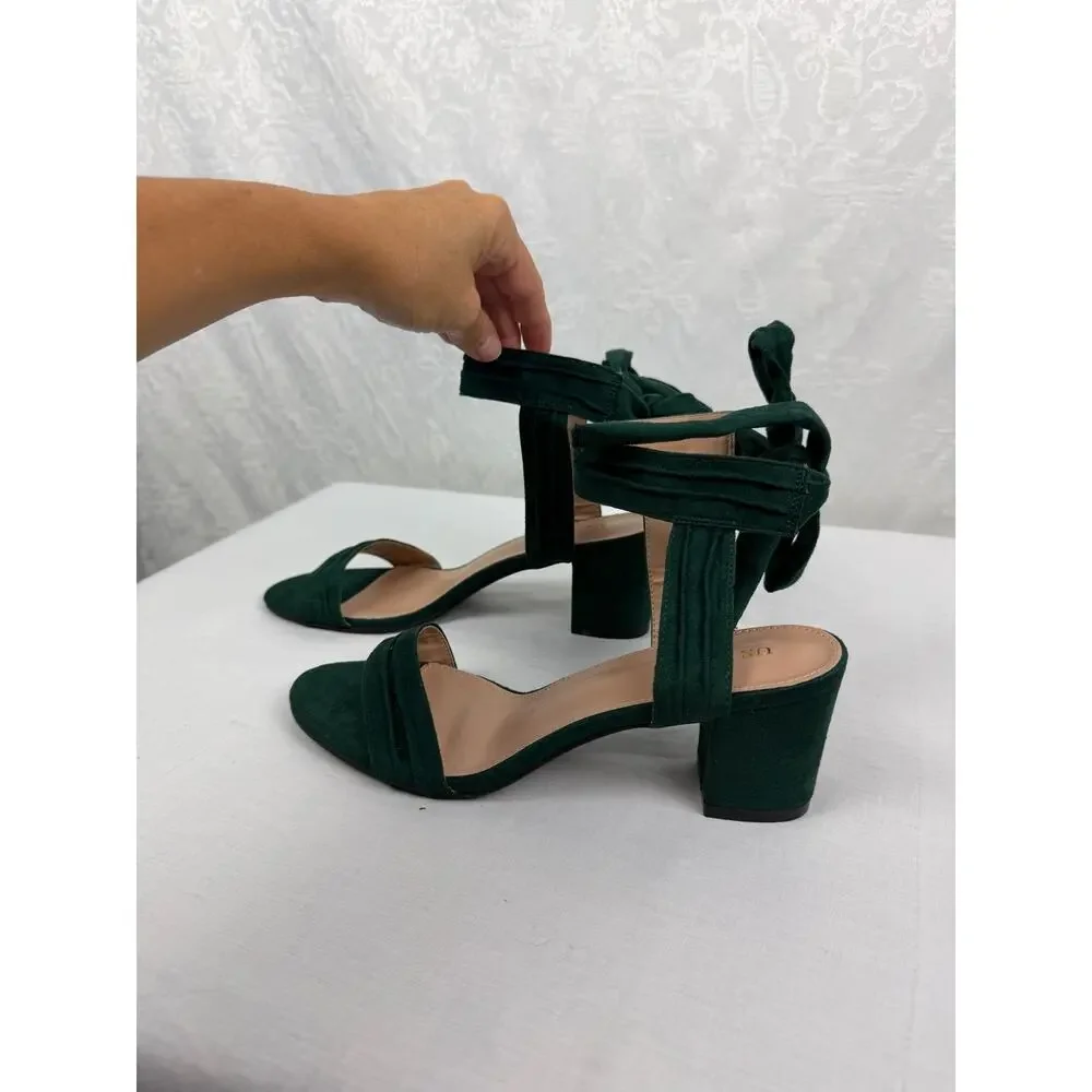 Green Suede-Look Ankle Tie Block Heel Sandals Women's US 9